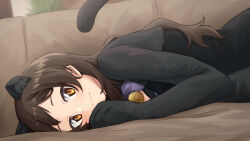 1girl animal_ears animal_hands bell black_dress black_shrug bow bowtie brown_hair cat_ears cat_tail closed_mouth commentary_request dress gloves idolmaster idolmaster_million_live! idolmaster_million_live!_theater_days kitazawa_shiho kitazawa_shiho_(soraneko_cafe) light_smile liselsia long_hair looking_at_viewer lying neck_bell official_alternate_costume on_side paw_gloves purple_bow purple_bowtie shrug_(clothing) solo tail yellow_eyes 