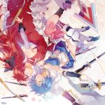  2girls armband blue_hair cape chain closed_eyes gloves long_hair magical_girl mahou_shoujo_madoka_magica miki_sayaka multiple_girls polearm red_eyes redhead sakura_kyouko satsukiai short_hair soul_gem spear sword thighhighs upside-down weapon zettai_ryouiki 