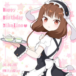  1girl animal_ears apron black_hairband black_skirt brown_eyes brown_hair commentary cup dated english_commentary fake_animal_ears fleur_de_lapin_uniform frilled_apron frilled_hairband frilled_shirt frills hairband happy_birthday highres iino_miko kaguya-sama_wa_kokurasetai_~tensai-tachi_no_renai_zunousen~ lolita_hairband looking_at_viewer mitya puffy_short_sleeves puffy_sleeves rabbit_ears shirt short_sleeves skirt solo tray twintails waist_apron waitress white_apron white_shirt wrist_cuffs 