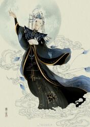  animal animal_print artist_name bird_print black_hanfu black_robe blue_capelet blue_gem bracer brown_background capelet chinese_clothes chinese_commentary chinese_hairpin closed_eyes closed_mouth commentary_request expressionless fingernails floral_print forehead forehead_jewel full_moon gem hair_bun hair_ornament hairpin half_updo hand_up hanfu high_collar highres holding holding_animal holding_rabbit layered_sleeves lipstick long_fingernails long_hair long_sleeves makeup mandarin_collar moon moonset_(shining_nikki) multiple_hairpins nikki_(series) peacock_feathers rabbit red_lips robe shining_nikki single_hair_bun topknot watermark weibo_watermark white_hair white_rabbit_(animal) wide_sleeves yangyushan 