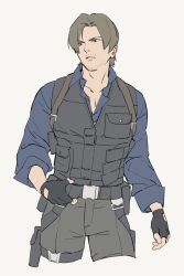  1boy adjusting_belt beard_stubble black_gloves black_vest blue_shirt brown_hair check_copyright chest_holster collared_shirt commentary_request copyright_request cowboy_shot facial_hair fingerless_gloves flat_color gloves highres itsameyoshi korean_commentary leon_s._kennedy looking_to_the_side male_focus parted_lips resident_evil resident_evil_requiem shirt short_hair solo stubble vest 