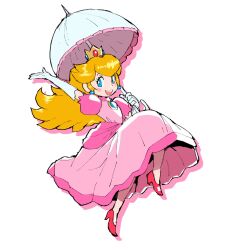 1girl :d arm_up blonde_hair blue_eyes blush brooch crown dreaminerryday dress drop_shadow earrings elbow_gloves full_body gem gloves high_heels highres holding holding_umbrella jewelry long_dress long_hair looking_at_viewer open_mouth parasol pink_dress princess_peach puffy_short_sleeves puffy_sleeves shoes short_sleeves simple_background smile solo sphere_earrings super_mario_bros. super_mario_bros._1 teeth umbrella upper_teeth_only white_background white_gloves white_umbrella 