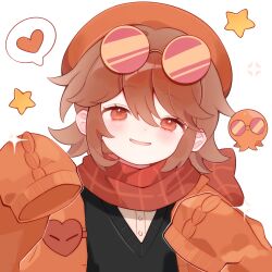  1girl androgynous animification artist_request black_sweater_vest blush brown_hair cardigan commission eyewear_on_head flipped_hair hardcore_heart hat heart highres lifesteal_smp looking_at_viewer minecraft_youtube open_cardigan open_clothes open_mouth orange_cardigan orange_hat red_scarf round_eyewear scarf second-party_source short_hair sleeves_past_wrists smile solo spoken_heart squiddo sunglasses sweater_vest variant_set white_background 