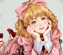  1girl ankle_lace-up blunt_bangs bow child commentary_request dress drill_hair full_body gothic_lolita green_eyes grey_background hair_bow hands_on_own_face hinaichigo jaggy_lines juliet_sleeves jun89190 kitten_heels lace-trimmed_bow lace-trimmed_dress lace_trim lips lolita_fashion long_hair long_sleeves looking_at_viewer lying on_stomach pink_bow pink_dress pixel_art princess puffy_sleeves quad_drills red_shoes rozen_maiden shirt shoes simple_background solo sweet_lolita undershirt white_shirt 
