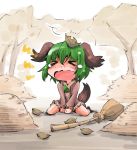  &gt;_&lt; 1girl animal_ears autumn_leaves blush broom brown_dress closed_eyes dress forest green_hair kasodani_kyouko long_sleeves nature open_mouth pile screaming shinapuu sitting solo tail tears touhou v_arms wariza wavy_mouth 