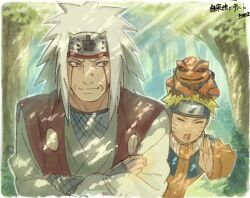  2boys commentary_request facial_mark flak_jacket forehead_protector frog gamakichi_(naruto) green_haori haori highres jacket japanese_clothes jiraiya_(naruto) male_focus mikasa372214 multiple_boys naruto_(classic) naruto_(series) teacher_and_student toad_(animal) uzumaki_naruto whisker_markings 