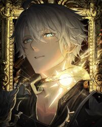  1boy art_program_in_frame bishounen black_background black_choker black_shirt blue_eyes choker collared_shirt commentary highres honkai:_star_rail honkai_(series) kashiba_(iiiiii_kasba) male_focus neck_tattoo open_collar parted_bangs parted_lips phainon_(honkai:_star_rail) picture_frame portrait shirt short_hair solo sun_symbol sun_tattoo tattoo white_hair 