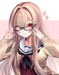  1girl adjusting_eyewear black-framed_eyewear black_neckerchief brown_cardigan brown_hair cardigan closed_mouth commentary double-parted_bangs furen_e_lustario furen_e_lustario_(school_uniform) hair_intakes hair_over_one_eye hands_up highres long_hair long_sleeves looking_at_viewer neckerchief nijisanji open_cardigan open_clothes red_eyes red_shirt sailor_collar school_uniform serafuku shirt simple_background smile solo star_(symbol) straight_hair upper_body virtual_youtuber watohoi white_sailor_collar 