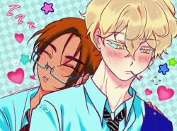  1boy 1girl alien_stage alt_text black_necktie blonde_hair blush brown_hair candy checkered_background colored_eyelashes commentary dark-skinned_female dark_skin english_commentary food food_in_mouth glasses hair_between_eyes heart hyuna_(alien_stage) litzdrawsalot lollipop lollipop_in_mouth luka_(alien_stage) necktie school_uniform signature sleeping sleeping_on_person star_(symbol) yellow_eyes zzz 