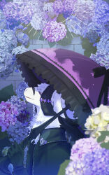  1boy black_capelet black_coat body_fur braid capelet closed_eyes coat commentary_request facing_to_the_side flower frilled_umbrella frills furry furry_male goat_boy goat_horns highres holding holding_umbrella horn_ornament horns hukurom hydrangea live_a_hero male_focus multiple_horns purple_flower purple_umbrella single_braid solo stone_wall umbrella upper_body vlaham_(live_a_hero) white_fur 