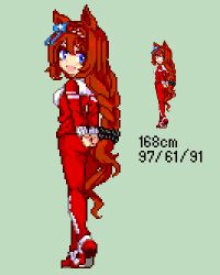  1girl animal_ears blue_eyes blush bow braid breasts brown_hair hair_between_eyes horse_ears horse_girl horse_tail jacket jersey keykey117117 long_hair looking_at_viewer lowres multicolored_hair open_mouth pixel_art smile streaked_hair super_creek_(umamusume) tail track_jacket track_suit umamusume very_long_hair white_hair 