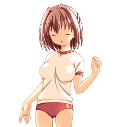  1girl 2000s_(style) breasts brown_hair buruma closed_eyes cowboy_shot game_asset gym_shirt gym_uniform hair_between_eyes hair_intakes half_updo hogeroh large_variant_set medium_breasts natsuki_mayu non-web_source open_mouth raised_inner_eyebrows red_buruma ryoujoku_gakuen self-datamine shirt short_sleeves simple_background smile solo tented_shirt transparent_background variant_set 