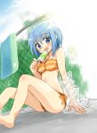  1girl bikini blue_eyes blue_hair chain-link_fence jacket mahou_shoujo_madoka_magica miki_sayaka mochizuki_yomogi popsicle short_hair solo swimsuit 