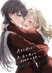  2girls 6th_live_dream_~bloom_garden_party~ :d a_deru_note arms_around_another's_waist arms_around_neck black_hair brown_dress ceras_yanagida_lilienfeld closed_mouth commentary_request crying dress edel_note enu_illustip grey_hair hair_ornament hair_ribbon hasu_no_sora_school_uniform highres hug jellyfish_cut katsuragi_izumi long_hair long_sleeves looking_at_another love_live! love_live!_hasu_no_sora_jogakuin_school_idol_club multiple_girls open_mouth pink_ribbon pleated_dress raised_inner_eyebrows ribbon sailor_collar sailor_dress school_uniform simple_background smile teeth translation_request triangle_hair_ornament upper_body upper_teeth_only virtual_youtuber white_background white_sailor_collar winter_uniform yellow_eyes 