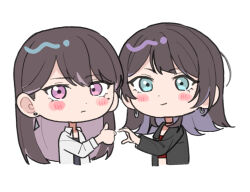  2girls bang_dream! bang_dream!_it's_mygo!!!!! black_choker black_hair black_jacket black_shirt blue_eyes chibi choker closed_mouth colored_inner_hair commentary earrings heart_hands_failure jacket jewelry long_hair mole mole_under_eye multicolored_hair multiple_girls nanami_(nunnun_0410) shiina_taki shirt simple_background thumbs_up violet_eyes white_background white_jacket yahata_umiri 