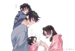  2boys 2girls alternate_hair_length_(longer) alternate_universe black_hair blue_eyes butterfly_hair_ornament carrying child chinese_commentary closed_eyes closed_mouth commentary_request dated duanduan1811623 family from_side good_end grey_kimono hair_ornament haori happy highres if_they_mated japanese_clothes kimetsu_no_yaiba kimono kochou_shinobu long_hair looking_at_another looking_down multicolored_hair multiple_boys multiple_girls one_side_up open_mouth pink_kimono purple_streaks shoulder_carry simple_background smile speech_bubble spiky_hair streaked_hair tomioka_giyuu violet_eyes white_background 