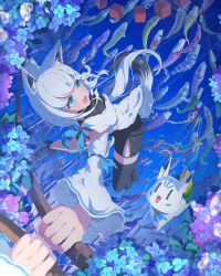  1girl absurdres ahoge animal_ear_fluff animal_ears aqua_hair aqua_neckerchief blush breasts closed_mouth commentary_request double_v fox_ears fox_girl hair_between_eyes highres holding hololive koinobori long_hair long_sleeves medium_breasts navel neckerchief shirakami_fubuki shirakami_fubuki_(1st_costume) smile solo stomach sukonbu_(shirakami_fubuki) v very_long_hair virtual_youtuber white_hair wide_sleeves windsock zuzu_ame 