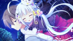  1boy 1girl :d ahoge black_capelet blunt_bangs blush bow brick_wall brown_hair capelet closed_eyes dutch_angle frilled_skirt frills game_asset hair_bobbles hair_bow hair_ornament harutoki_narumi hoshiyomi_mashiro hug hug_from_behind koi_suru_kokoro_to_mahou_no_kotoba large_variant_set long_hair long_sleeves night non-web_source open_mouth outdoors pleated_skirt red_skirt self-datamine shiromochi_sakura shirt short_hair skirt smile upper_body variant_set white_hair white_shirt yellow_bow 