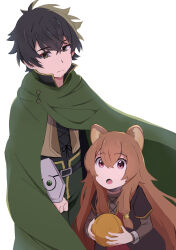  1boy 1girl :o animal_ear_fluff animal_ears arm_shield ball belt black_belt black_dress black_hair black_shirt brown_dress brown_hair brown_shirt child cloak closed_mouth collar collared_shirt commentary_request double-parted_bangs dress green_cloak green_pants hair_between_eyes hair_tubes high_collar highres holding holding_ball iwatani_naofumi layered_dress leather_shirt legendary_shield_(small_shield)_(tate_no_yuusha_no_nariagari) legendary_shield_(tate_no_yuusha_no_nariagari) long_hair long_shirt long_sleeves looking_up messy_hair metal_collar metal_hair_tubes metal_wrist_cuffs nimi_(vjej7357) open_mouth pants pink_eyes raccoon_ears raccoon_girl raphtalia raphtalia_(young) red_dress shirt short_hair short_sleeves simple_background split_mouth tanuki tate_no_yuusha_no_nariagari white_background yellow_trim 
