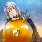  3boys :&gt; :&lt; black_nails chibi ciel_phantomhive earrings eyepatch fingernails hat jack-o&#039;-lantern jewelry knife kuromai kuroshitsuji long_fingernails long_hair male multiple_boys pumpkin scar sebastian_michaelis silver_hair smile undertaker_(kuroshitsuji) 