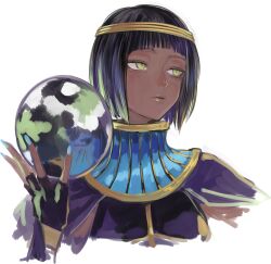  1girl absurdres ancient_egyptian ancient_egyptian_clothes black_gloves blue_nails blunt_bangs bob_cut bracer circlet cropped_shoulders crystal_ball dark-skinned_female dark_skin fingerless_gloves gloves gold_bracer green_eyes hand_up highres ikuhana_niiro lips looking_to_the_side menat nail_polish portrait purple_hair purple_shawl shawl short_hair slit_pupils solo street_fighter street_fighter_v usekh_collar 
