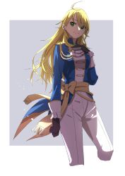  absurdres ahoge aiguillette black_gloves blonde_hair blue_jacket breasts closed_mouth commentary_request cropped_legs epitaph_(1122) etoile_brilliant_(idolmaster) gloves green_eyes grey_background hand_up highres hoshii_miki idolmaster idolmaster_(classic) idolmaster_million_live! idolmaster_million_live!_theater_days jacket long_hair long_sleeves official_alternate_costume pants simple_background smile standing two-tone_background white_background white_pants 