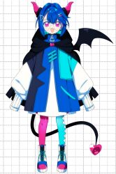  1girl 2000s_(style) bk_(barakoodra) blue_hair boots cape coat commentary dot_nose dress english_commentary eyelashes fang full_body hood hooded_cape horns looking_at_viewer open_mouth original pantyhose pink_eyes sleeves_past_fingers sleeves_past_wrists solo standing tail zipper_pull_tab 
