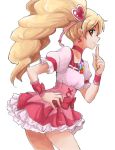  1girl blonde_hair choker cure_peach dress earrings fresh_precure! frills hair_ornament hand_on_hip happy heart jewelry long_hair magical_girl momozono_love pink_eyes precure simple_background smile solo twintails uraki white_background wrist_cuffs 