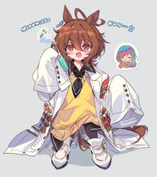  1girl :d aged_down agnes_tachyon's_trainer agnes_tachyon_(tach-nology)_(umamusume) agnes_tachyon_(umamusume) ahoge animal_ears black_necktie black_shirt boots brown_hair chemical_structure coat commentary_request earrings female_trainer_(umamusume) full_body giving_up_the_ghost grey_background holding holding_test_tube horse_ears horse_girl horse_tail huge_ahoge jewelry korean_commentary lab_coat long_hair long_sleeves looking_at_viewer medium_hair necktie open_mouth oversized_clothes red_eyes romaji_text shirt signature single_earring sleeves_past_fingers sleeves_past_wrists smile standing sweater tail test_tube trainer_(umamusume) umamusume v-shaped_eyebrows welchino white_boots white_coat yellow_sweater 