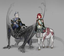  2girls black_cape blue_jacket blue_shirt cape centauroid claws closed_eyes closed_mouth club_(weapon) commentary cow_girl cow_tail english_commentary fragrance_(freakyduck9000) full_body gargoyle gauntlets green_cape grey_eyes grey_hair gun hair_between_eyes hair_ornament highres holding holding_gun holding_weapon hooves jacket long_hair looking_at_another marsha_(reverse:1999) medium_hair military_uniform monster_girl monsterification multiple_girls multiple_legs open_mouth parted_bangs red_hair reverse:1999 rifle sentinel_(reverse:1999) shirt side_cape sidelocks simple_background sketch smile standing tail taur weapon 