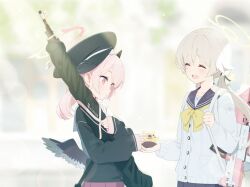  2girls beret black_hair black_serafuku black_wings blonde_hair blue_archive blue_shirt blurry blurry_background blush bow bowtie cardigan depth_of_field doremi_(doremi4704) from_side game_asset gun hair_ornament hair_ribbon halo hat head_wings hifumi_(blue_archive) highres holding holding_gun holding_stuffed_toy holding_weapon hwansang koharu_(blue_archive) lens_flare light_rays long_hair long_sleeves low_twintails low_wings medium_hair mr._nicholai_(blue_archive) multiple_girls non-web_source official_art open_mouth outdoors parted_lips pink_hair pleated_skirt raised_inner_eyebrows red_eyes red_halo ribbon rifle sailor_collar school_uniform self-datamine serafuku shirt skirt smile stuffed_toy sunbeam sunlight twintails upper_body weapon white_cardigan wing_hair_ornament wings yellow_bow yellow_bowtie yellow_halo yellow_ribbon 