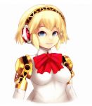  1girl aegis android blonde_hair blue_eyes bow breasts bust headphones mato_spectoru no_nipples persona persona_3 robot_joints short_hair smile solo 