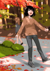  1boy 2girls absurdres autumn autumn_leaves black_eyes black_hair brown_sweater bush collared_shirt commentary dappled_sunlight dating dog grey_pants grey_shoes grey_sweater highres kunikida_kunio leaf maple_leaf multiple_girls open_mouth original outdoors pants pet_walking shirt shoes smile sunlight sweater walking white_shirt 