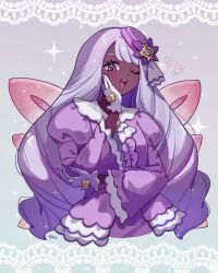  0393_piplup 1girl ascot blush breasts commentary_request dark-skinned_female dark_skin dress frilled_ascot frills glove_bow gloves gold_ring highres jacinthe_(pokemon) juliet_sleeves long_hair long_sleeves looking_at_viewer mega_stone one_eye_closed open_mouth pokemon pokemon_legends:_z-a puffy_sleeves purple_dress purple_hair revision smile solo sparkle teeth upper_teeth_only very_dark_skin violet_eyes white_gloves 