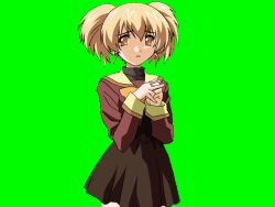  1990s_(style) 1girl blonde_hair bow breasts brown_serafuku cowboy_shot game_asset green_background hair_between_eyes hands_up high-waist_skirt large_variant_set long_sleeves medium_breasts mikuni_miku non-web_source own_hands_together parted_lips raised_inner_eyebrows retro_artstyle school_uniform self-datamine serafuku short_twintails skirt solo standing tamaru_makoto tareme twintails variant_set visual_novel_cg yellow_bow yellow_eyes yuuwaku 