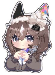  1girl animal_ears blush bow bowtie braid braided_sidelocks breasts brown_hair cardigan chibi closed_mouth commentary_request cropped_torso curren_bouquetd'or_(umamusume) ear_covers grey_cardigan grey_eyes hair_between_eyes hairband highres horse_ears horse_girl long_braid long_hair long_sleeves looking_at_viewer low_twin_braids mismatched_ear_covers multicolored_hair purple_sailor_collar purple_shirt sailor_collar sailor_shirt school_uniform shirt sidelocks simple_background smile solo streaked_hair tkmt3690 tracen_school_uniform twin_braids umamusume white_bow white_bowtie white_streaks 