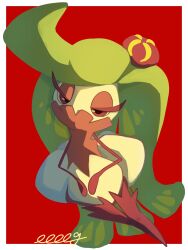  1girl artist_name colored_eyelashes colored_skin e_eee_g eyelashes green_hair half-closed_eyes highres long_hair monster_girl outside_border pink_skin plant_girl pokemon pokemon_(creature) pokemon_focus red_background solo tsareena white_skin 