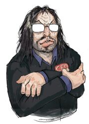  1boy absurdres badge beard_stubble black_hair black_suit blue_collar blue_shirt collar crossed_arms facial_hair glasses highres hunter:_the_peranting long_hair messy_hair mike_dragons-wrath ogre_poppenang shirt stubble suit sweat sweatdrop world_of_darkness 