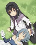  2girls akemi_homura argyle argyle_legwear armband black_hair blue_hair cape closed_eyes gloves grass hairband kf lap_pillow long_hair magical_girl mahou_shoujo_madoka_magica miki_sayaka multiple_girls pantyhose short_hair sitting sleeping soul_gem violet_eyes 