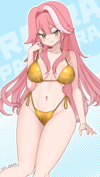  1girl animal_ears bikini breasts commentary givemejikan gold_bikini golden_week highres hololive hololive_english long_hair looking_at_viewer multicolored_hair panther_ears panther_girl panther_tail pink_hair raora_panthera shiny_swimsuit side-tie_bikini_bottom solo streaked_hair swimsuit tail virtual_youtuber yellow_eyes 