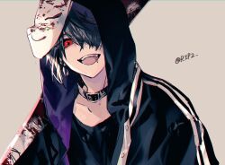  1boy baseball_bat belt_collar black_choker black_jacket black_shirt blood blood_on_mask blood_on_weapon blue_hair choker chromatic_aberration collar commentary_request dot_nose ear_piercing eyes_visible_through_hair face_piercing fangs fox_mask hair_over_one_eye holding holding_baseball_bat jacket mask mouth_piercing open_mouth original piercing red_eyes rip2 shirt simple_background solo t-shirt teeth twitter_username upper_teeth_only weapon 