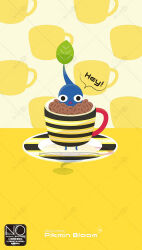  black_eyes blue_pikmin blue_skin coffee_beans colored_skin commentary cup highres leaf meme_(sleepsheep) no_humans pikmin_(creature) pikmin_(series) pikmin_bloom saucer speech_bubble triangle_mouth untranslatable_commentary 