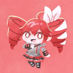  1girl ahoge black_boots blush_stickers boots bow buttons chibi chibi_only commentary_request double-breasted drill_hair full_body hair_bow hand_on_own_chest highres kasane_teto kasane_teto_(sv) lace-up_boots layered_skirt pink_background red_eyes red_hair red_trim ririko_(nagareboshi) shoulder_belt simple_background skirt smile solo synthesizer_v twin_drills utau white_bow 