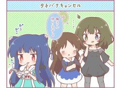  ...! 3girls :3 :d ^^^ afterimage animal_ears bare_shoulders black_shirt black_shorts blue_dress blue_eyes blue_hair blush braid brown_hair cat_ears cat_girl cat_tail closed_mouth commentary_request dress ear_wiggle eating food green_eyes grey_pantyhose heterochromia holding idolmaster idolmaster_cinderella_girls kemonomimi_mode mitarashi_neko mochi mochi_trail motion_lines multiple_girls off-shoulder_dress off_shoulder pantyhose pantyhose_under_shorts parted_lips puffy_short_sleeves puffy_sleeves red_eyes sajo_yukimi shirt short_sleeves shorts smile tablet_pc tachibana_arisu tail takagaki_kaede translation_request wide_oval_eyes wide_sleeves yukimi_daifuku_(food) 
