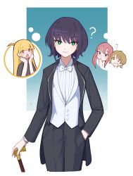  4girls ? absurdres ahoge alternate_costume ayatsumugi_roka black_hair blonde_hair blue_eyes blush bow bracelet brown_eyes brown_hair cane chinese_commentary cho_kaguya-hime! commentary_request cropped_head cropped_legs cropped_torso drooling ezbottt green_eyes hand_in_pocket hands_on_own_cheeks hands_on_own_face highres holding holding_cane isayama_mami jewelry kaguya_(cho_kaguya-hime!) loading_icon long_hair long_sleeves multiple_girls pink_hair red_eyes sakayori_iroha short_hair short_sleeves smile solo_focus white_bow yuri 
