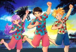  1girl 2boys alternate_costume arm_up beach black_hair blonde_hair blue_eyes blue_shirt blue_shorts blue_sky breasts closed_mouth clouds cloudy_sky commentary_request cousins curly_hair dragon_quest dragon_quest_ii floral_print floral_print_shirt foot_out_of_frame highres long_hair looking_at_viewer medium_breasts multiple_boys palm_tree pink_shorts prince_of_lorasia prince_of_samantoria princess_of_moonbrook print_shirt purple_hair red_eyes sawarabi_(sawarabi725) shirt short_sleeves shorts sky smile spiky_hair standing standing_on_one_leg tree v-shaped_eyebrows 