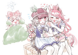  3girls agnes_digital_(umamusume) animal_ears bento blush bow bowtie breasts brown_hair bush closed_eyes commentary ear_covers ear_wiggle ears_through_headwear facial_mark giving_up_the_ghost hair_between_eyes hair_bow hand_puppet hat heart heart_facial_mark heart_on_cheek hiding highres holding holding_bento holding_napkin horse_ears horse_girl horse_tail long_hair loves_only_you_(umamusume) marche_lorraine_(umamusume) medium_breasts mismatched_ear_covers multicolored_hair multiple_girls on_bench open_mouth pink_hair pleated_skirt puffy_short_sleeves puffy_sleeves puppet purple_bow purple_bowtie purple_shirt red_hair sailor_collar sailor_shirt school_uniform shirt short_sleeves sitting skirt smile songdu tail teeth thigh-highs tracen_school_uniform umamusume untranslatable_commentary upper_teeth_only violet_eyes white_sailor_collar white_skirt white_thighhighs yuri 