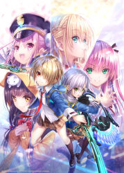  >:) 6+girls :d aikawa_megumi animal_ears animal_hood aqua_eyes asakura_karen_(heaven_burns_red) back-to-back black_hat black_ribbon black_shoes black_socks black_thighhighs blonde_hair blue_jacket blush bow bowtie braid brown_skirt bun_cover cat_ears cat_hood closed_mouth collared_shirt commentary_request copyright_notice double_bun dress_shirt dual_wielding electricity electrokinesis eyelashes eyes_visible_through_hair fake_animal_ears fighting_stance finger_to_mouth fingernails full_body glasses goto_p green_eyes grey_hair grin gun hair_between_eyes hair_bun hair_ornament hair_over_one_eye hair_ribbon hair_tie hairclip half_up_braid hand_up hands_on_own_chest hat heaven_burns_red highres holding holding_gun holding_sword holding_weapon hood hood_up hooded_jacket index_finger_raised izumi_yuki jacket kayamori_ruka kneehighs kunimi_tama loafers long_bangs long_hair long_sleeves looking_at_viewer low_side_ponytail military_hat miniskirt multiple_girls necktie nose official_art one_eye_covered open_clothes open_jacket open_mouth orange_jacket outstretched_hand own_hands_together parallel_hairclips peaked_cap pink_eyes pink_hair plaid_clothes plaid_skirt pleated_skirt red_bow red_bowtie red_eyes red_necktie red_ribbon ribbon round_eyewear shirt shoes short_hair side_ponytail skirt sleeves_past_wrists smile socks split_mouth standing standing_on_one_leg sword team_31a_(heaven_burns_red) teeth thigh-highs toujou_tsukasa two_side_up upper_body upper_teeth_only v-shaped_eyebrows weapon white_ribbon white_shirt 