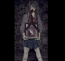  1girl black_hair blazer blood blood_on_face commentary doki_doki_literature_club doki_doki_literature_club_school_uniform english_commentary grey_jacket head_tilt highres holding holding_picture_frame iei jacket long_hair lyssist_(midorism) neck_ribbon nosebleed parted_lips picture_frame red_ribbon ribbon school_uniform shirt skirt solo white_shirt yuri_(doki_doki_literature_club) 