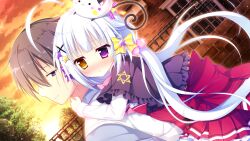  1boy 1girl ahoge black_capelet blunt_bangs blush bow brick_wall brown_hair capelet dutch_angle evening frilled_skirt frills game_asset hair_bobbles hair_bow hair_ornament harutoki_narumi heterochromia hoshiyomi_mashiro hug hug_from_behind koi_suru_kokoro_to_mahou_no_kotoba large_variant_set long_hair long_sleeves non-web_source nose_blush outdoors pleated_skirt red_skirt self-datamine shiromochi_sakura shirt short_hair skirt sunset upper_body variant_set violet_eyes white_hair white_shirt yellow_bow yellow_eyes 